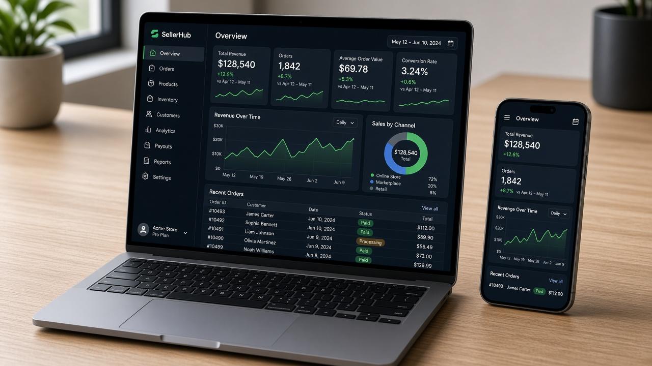 Laptop and phone on a desk showing the R SLASH seller dashboard